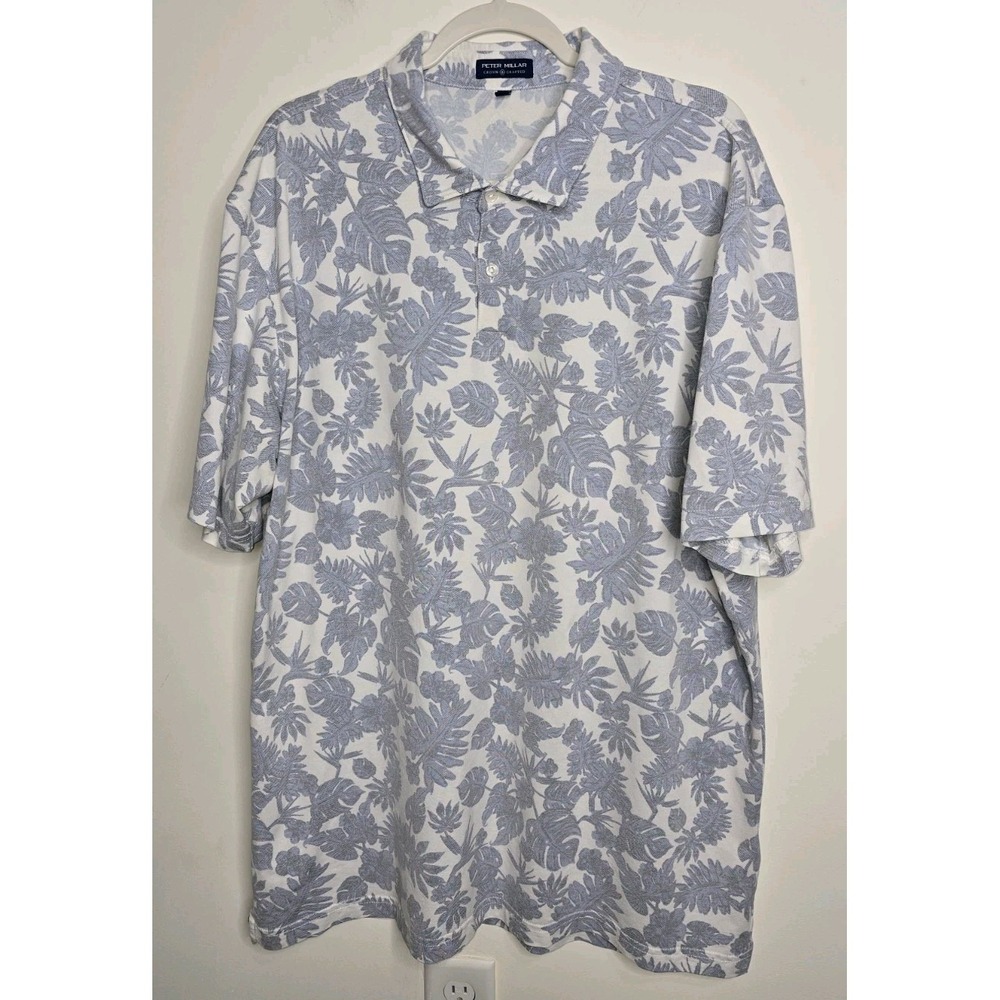 Peter Millar Crown Crafted Polo Shirt XXL Blue White Tropical Hawaiian Golf...